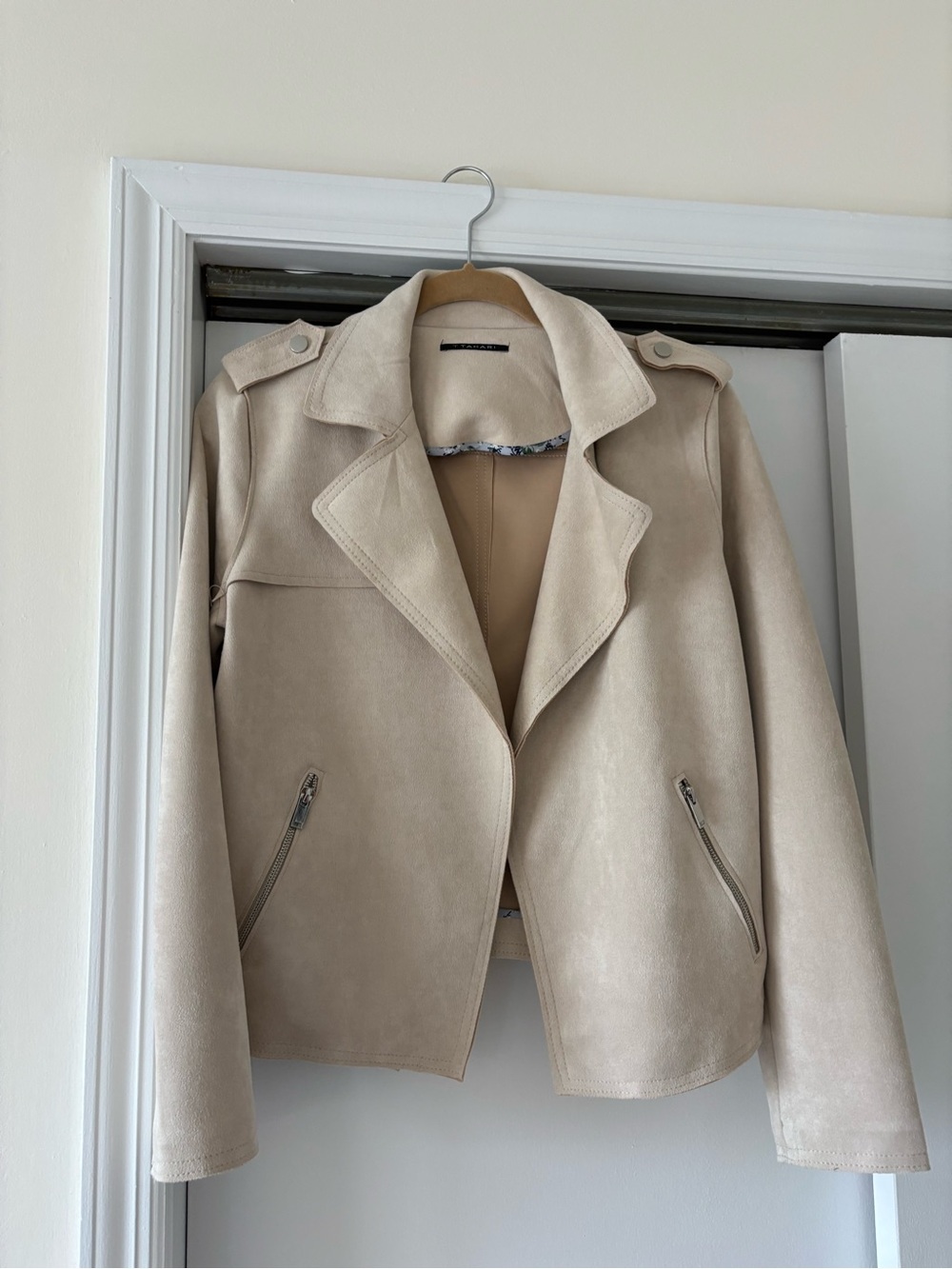 T Tahari Beige Suede Moto-Inspired Jacket
